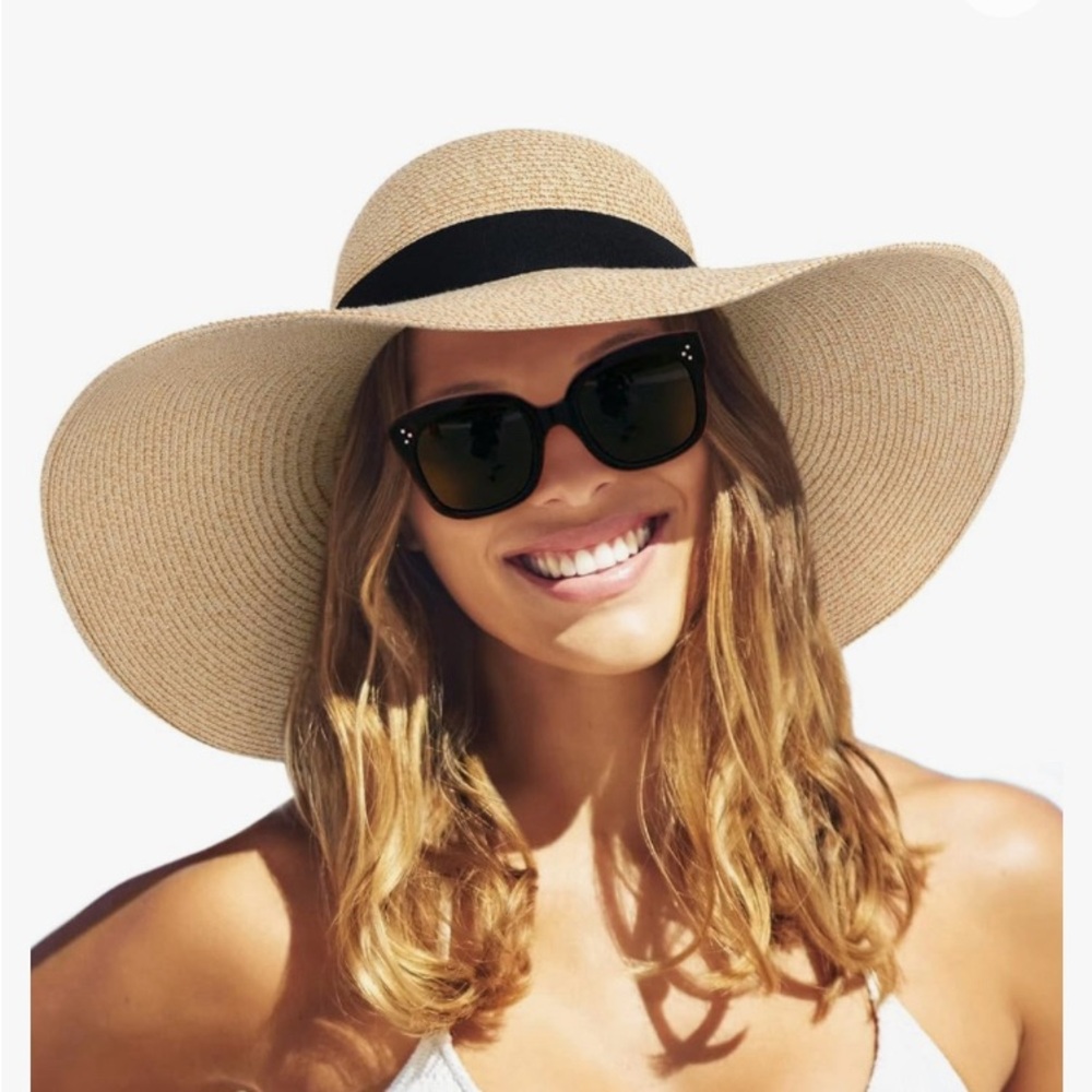Straw KHAKI foldable BLACK accents floppy  hat, size L